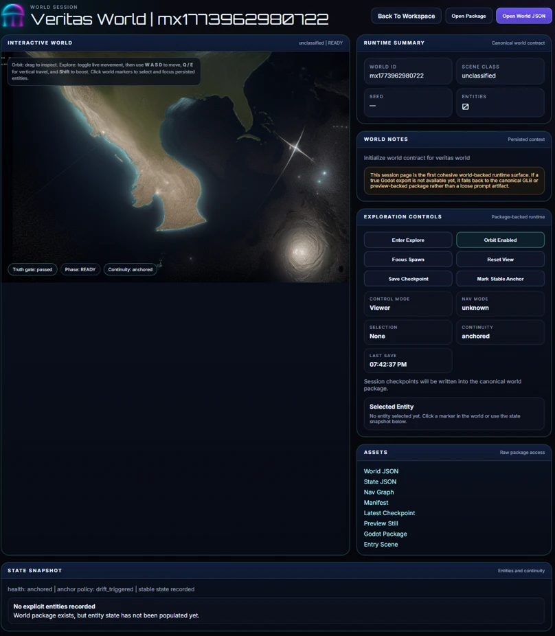 Veritas World Session interface with interactive world, runtime summary, exploration controls, and world notes