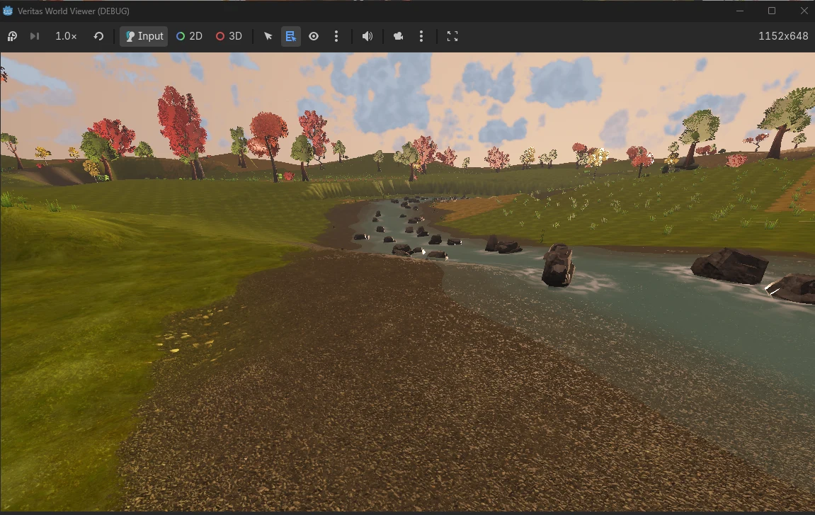 Veritas World Viewer showing a procedurally generated river landscape